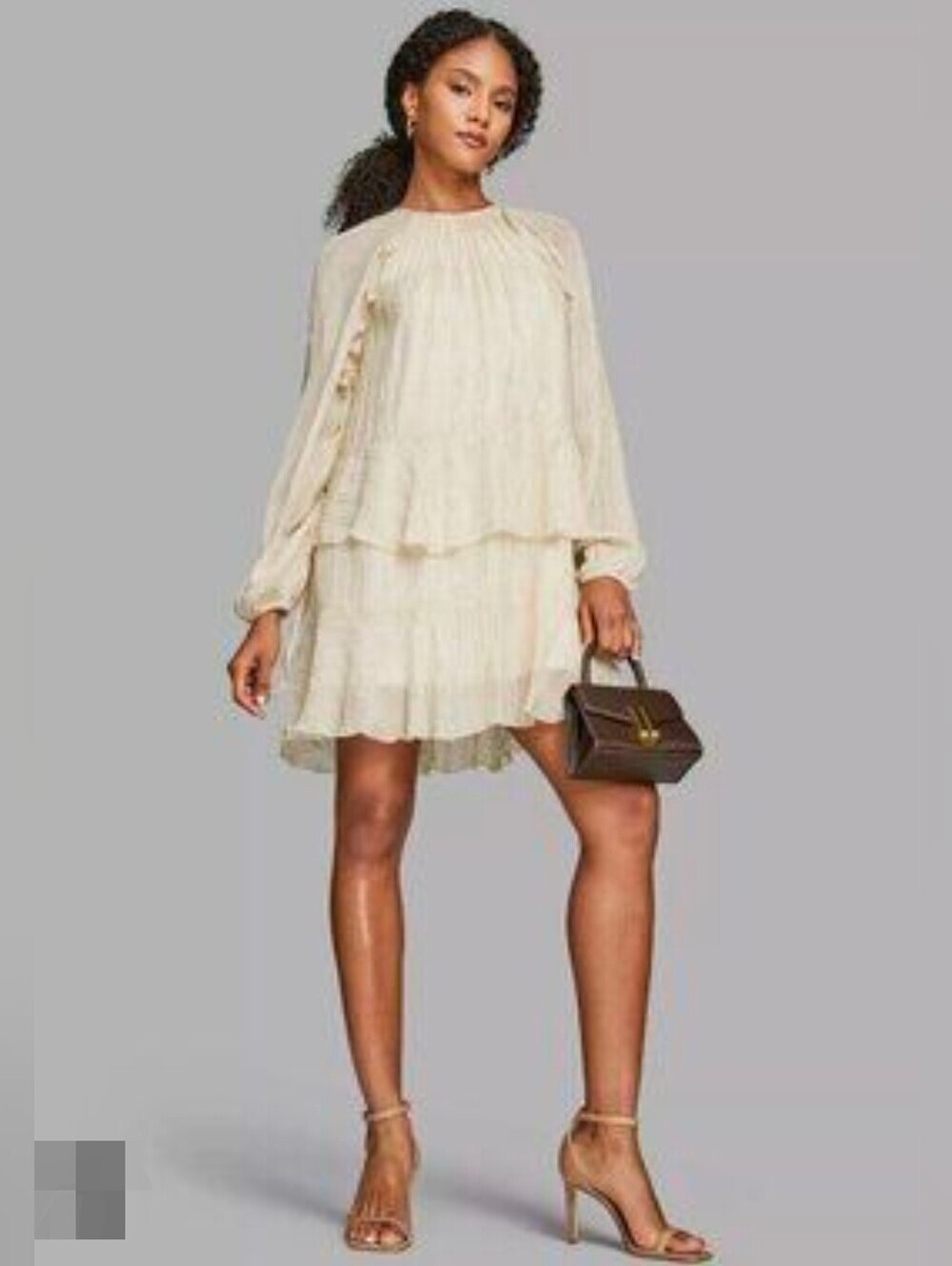 BCBG Cream Tiered Long-Sleeve Mini Dress
